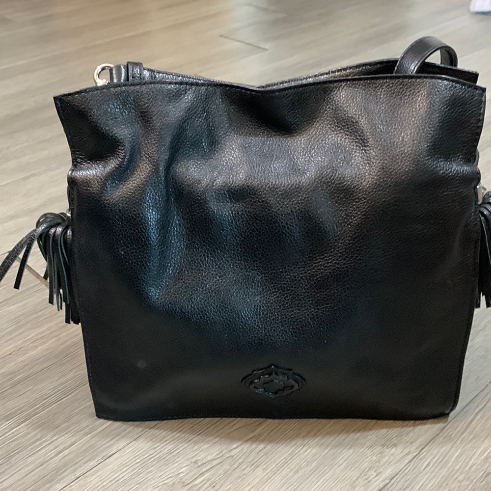 OrYANY Black Leather Large Many Pockets Crossbody Handbag Two Tassels
